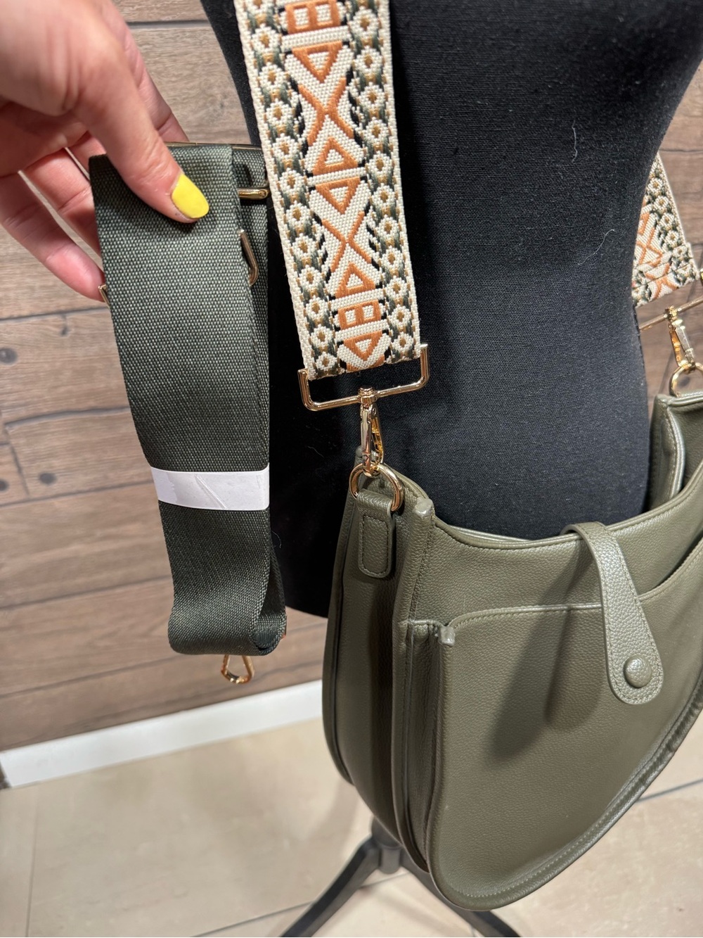 Olive Green Women's Crossbody Bag with Patterned Removable Strap - Picture 3 of 5